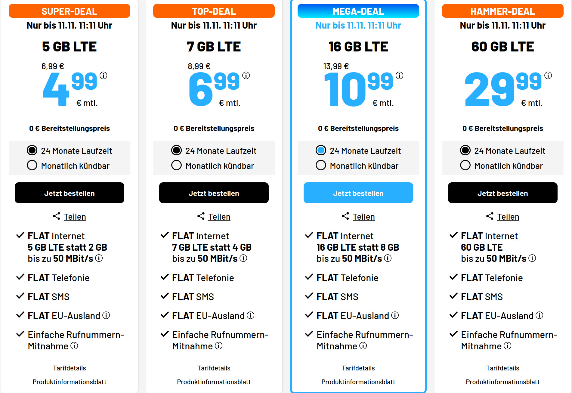 Preistipp 5 GB Tarife: Sim.de 5 GB LTE Allnet-Flat für 4,99 Euro ohne Laufzeit