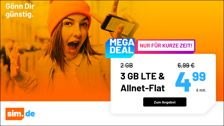 Neujahrs-Deal 3 GB Tarife: Sim.de 3 GB LTE Allnet-Flat für 4,99 Euro ohne Laufzeit