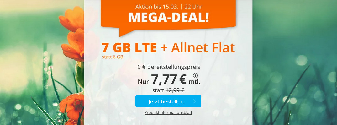 Tariftipp 7 GB Tarife: Sim.de 7 GB LTE All-In-Flat fr 7,77 Euro ohne Laufzeit, 5 Euro sparen