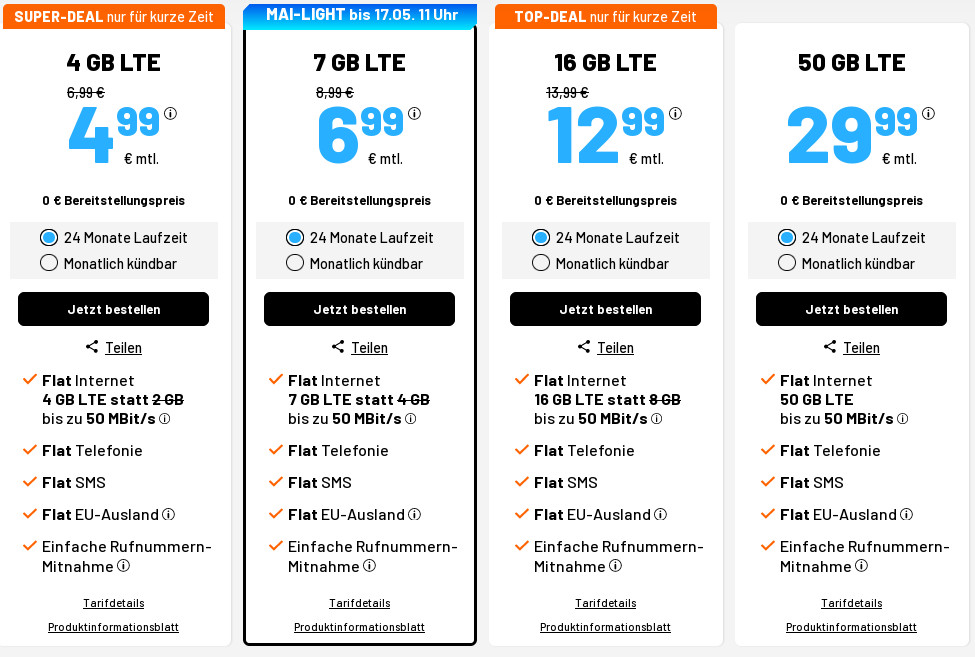 Tariftipp 4 GB Tarife: Sim.de 4 GB LTE Allnet-Flat für 4,44 Euro ohne Laufzeit