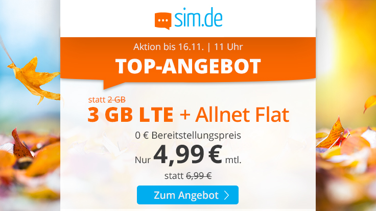 Preistipp 3 GB Tarife: Sim.de 3 GB LTE Allnet-Flat fr 4,99 Euro ohne Laufzeit