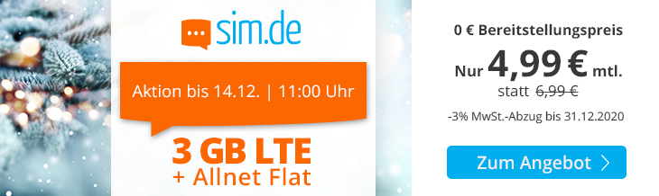 Spartipp 3 GB Tarife: Sim.de 3 GB LTE All-In-Flat fr 4,99 Euro ohne Laufzeit