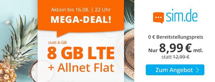 Sommerferien-Special: Sim.de 8 GB Allnet-Flat fr mtl. 7,99 Euro ohne Laufzeit
