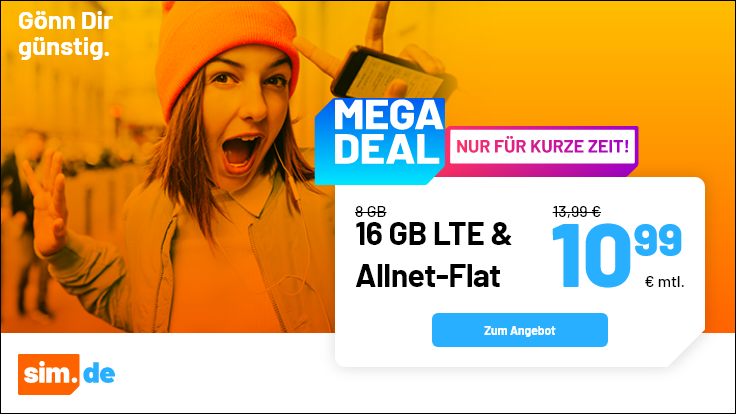 Spartipp 16 GB Handytarife: Sim.de 16 GB LTE Allnet-Flat für 10,99 Euro mit mtl. Laufzeit