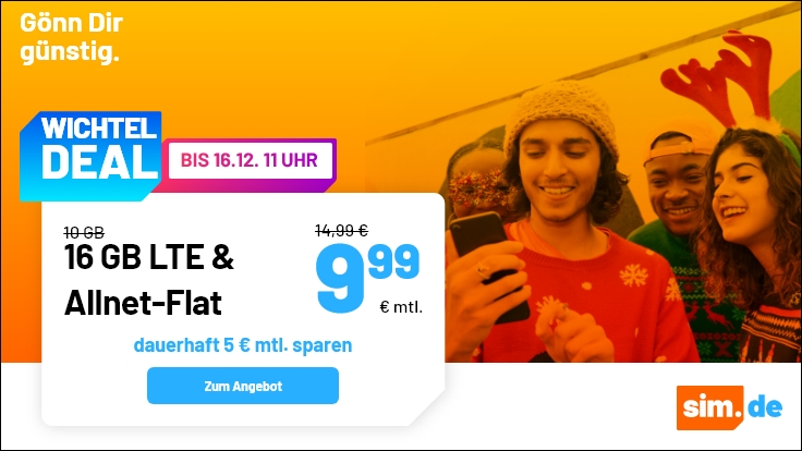 Tariftipp 16 GB Allnet-Flat: Sim.de 16 GB LTE Allnet-Flat für 9,99 Euro ohne Anschlusspreis