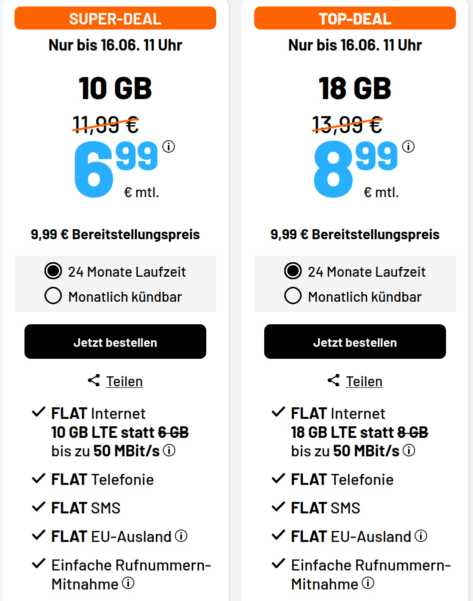 Preiskracher 10 GB Tarife --Sim.de 10 GB LTE Allnet-Flat für 6,99 Euro ohne Anschlusspreis