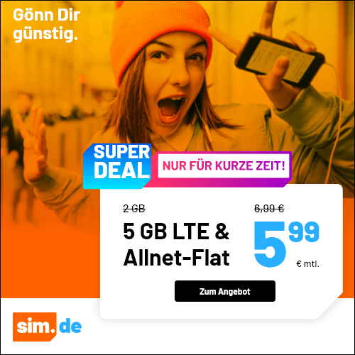 Tariftipp 5 GB Tarife: Sim.de 5 GB LTE All-In-Flat für 5,99 Euro ohne Laufzeit, 4 Euro sparen