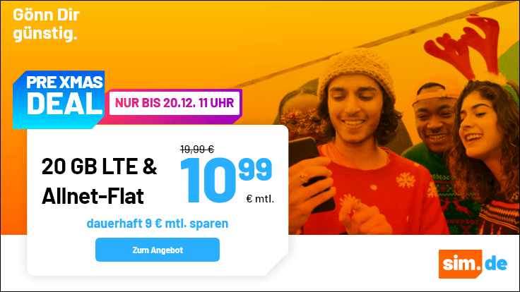 Advents-Deal 20 GB Tarife: Sim.de 20 GB LTE Allnet-Flat für 10,99 Euro ohne Anschlusspreis