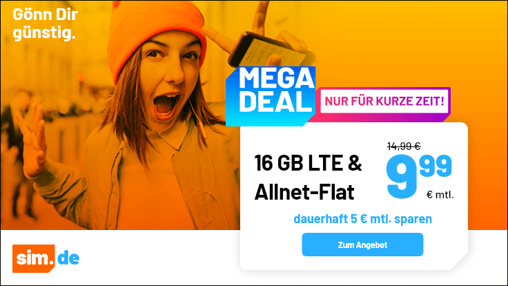 Tariftipp 16 GB Tarife: Sim.de 16 GB LTE Allnet-Flat für 9,99 Euro ohne Anschlusspreis