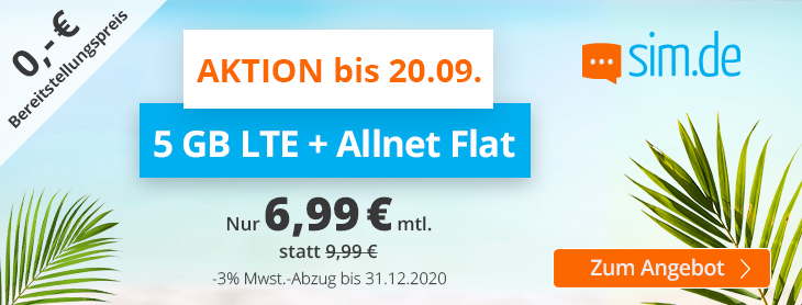 Preishammer 5 GB Tarife: Sim.de 5 GB LTE All-In-Flat fr 6,99 Euro ohne Laufzeit --3 Euro sparen