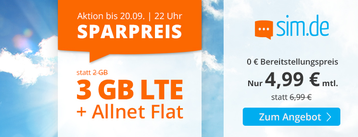 Preistipp 3 GB Tarife: Sim.de 3 GB LTE Allnet-Flat fr 4,99 Euro ohne Laufzeit