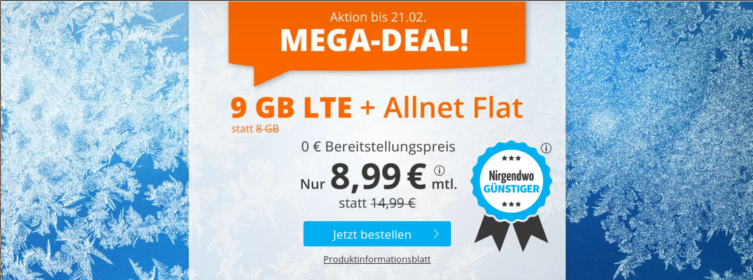 Tariftipp LTE Tarife: Sim.de 9 GB LTE All-In-Flat fr 8,99 Euro ohne Laufzeit, 6 Euro sparen