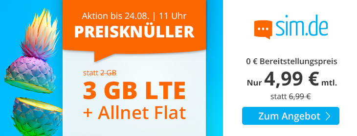 Tariftipp 3 GB LTE Tarife: Sim.de 3 GB LTE Allnet-Flat fr 4,99 Euro ohne Laufzeit