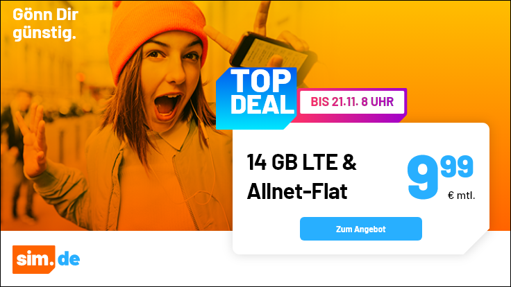 Black Week 14 GB Tarife: Sim.de 14 GB LTE Allnet-Flat für 9,99 Euro und mtl. Laufzeit
