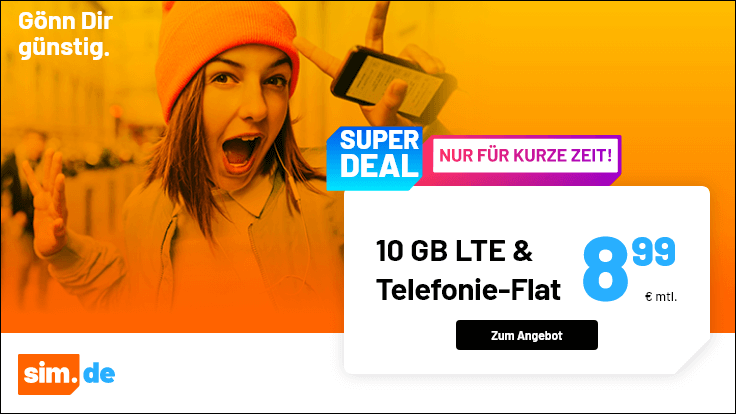Tariftipp 10 GB Tarife: Sim.de 10 GB LTE Allnet-Flat für 8,99 Euro ohne Anschlusspreis