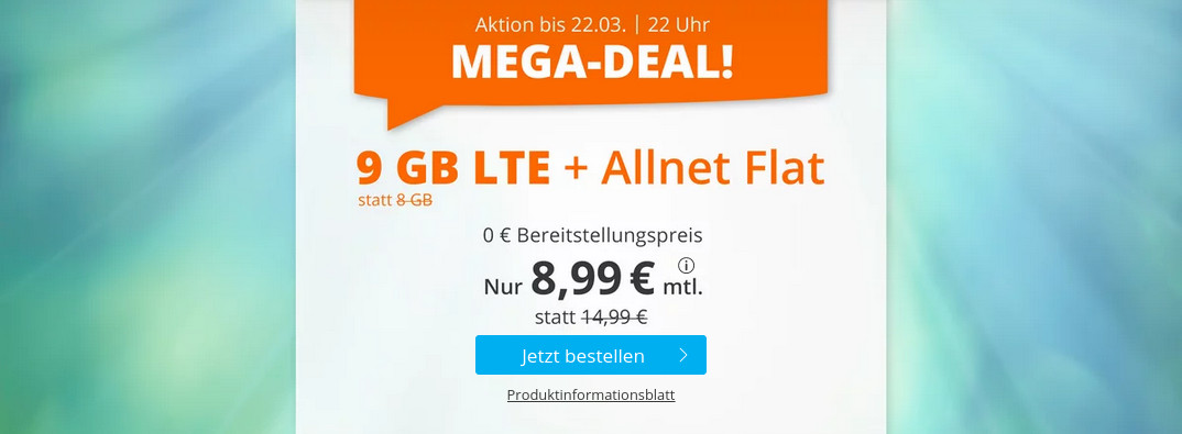 Tariftipp 9 GB Tarife: Sim.de 9 GB LTE All-In-Flat fr 8,99 Euro ohne Laufzeit, 6 Euro sparen