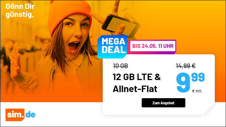 Tariftipp 12 GB Tarife: Sim.de 12 GB LTE Allnet-Flat für 9,99 Euro ohne Anschlusspreis