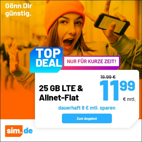 Spartipp 25 GB Tarife --Sim.de 25 GB LTE Allnet-Flat für 11,99 Euro ohne Anschlusspreis