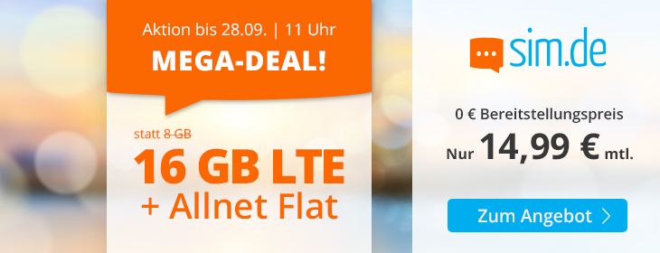 Tariftipp 16 GB Tarife: Sim.de 16 GB LTE All-Net-Flat fr 14,99 Euro ohne Laufzeit