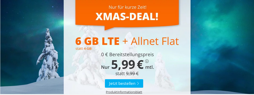 Weihnachts-Deal: Sim.de 6 GB LTE All-In-Flat für 5,99 Euro ohne Laufzeit, 4 Euro sparen