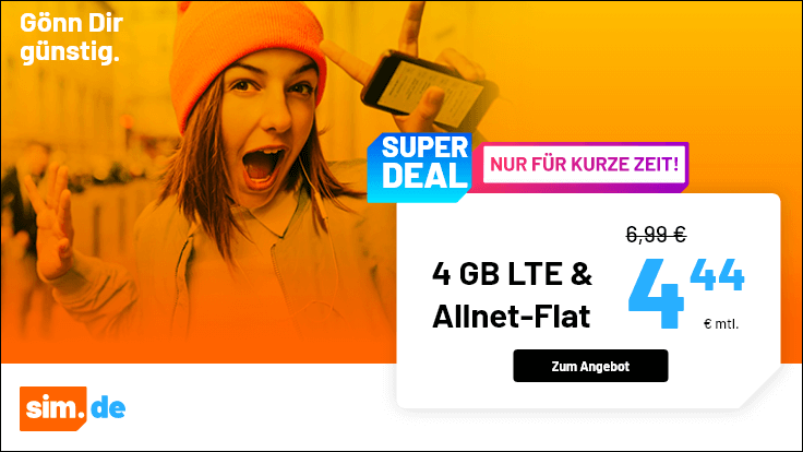 Tariftipp 4 GB Tarife: Sim.de 4 GB LTE Allnet-Flat für 4,44 Euro ohne Laufzeit