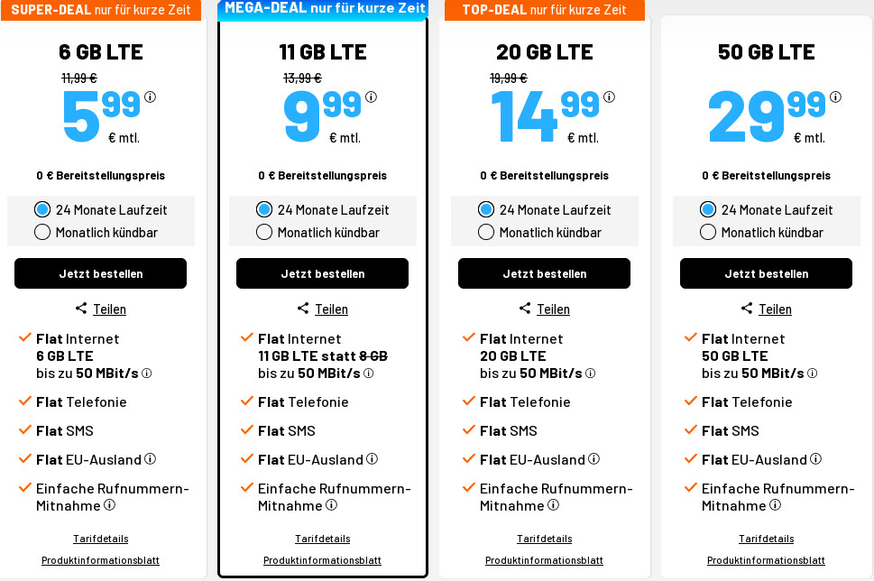 Tariftipp 6 GB Handy-Flatrate Tarife: Sim.de 6 GB LTE All-In-Flat für 5,99 Euro ohne Laufzeit