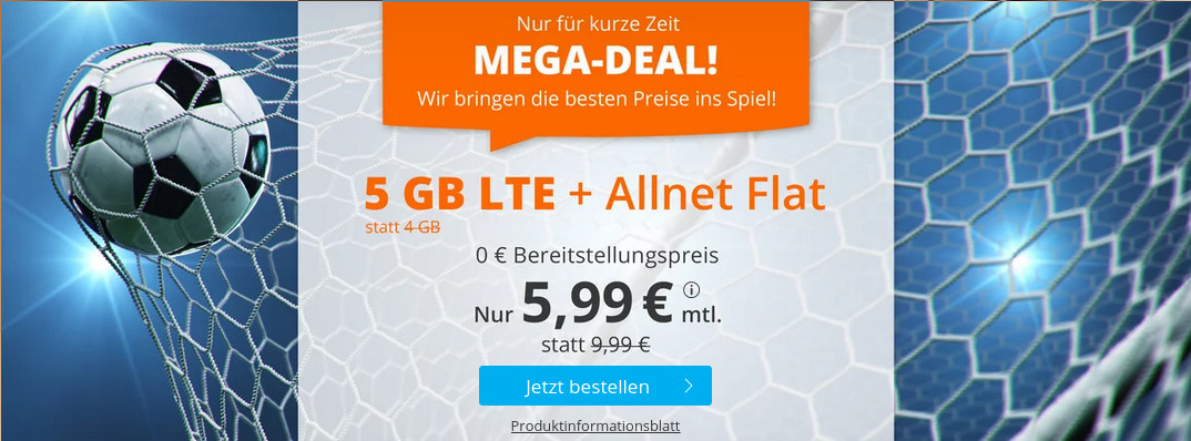 Fussball-EM Deal: Sim.de 5 GB LTE All-In-Flat fr 5,99 Euro ohne Laufzeit, 4 Euro sparen