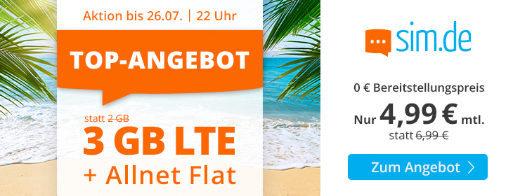 Spartipp 3 GB Tarife: Sim.de 3 GB LTE Allnet-Flat fr 4,99 Euro ohne Laufzeit