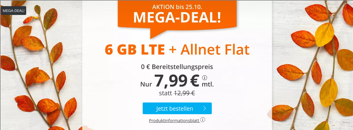 Spartipp 6 GB Tarife: Sim.de 6 GB LTE All-In-Flat fr 7,99 Euro ohne Laufzeit --5 Euro sparen