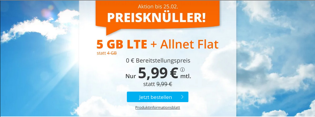 Tariftipp LTE Tarife: Sim.de 5 GB LTE All-In-Flat fr 5,99 Euro ohne Laufzeit, 4 Euro sparen