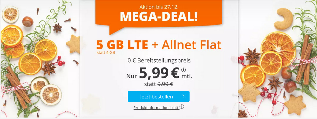 Weihnachts Deal: Sim.de 5 GB LTE All-In-Flat fr 5,99 Euro ohne Laufzeit, 4 Euro sparen