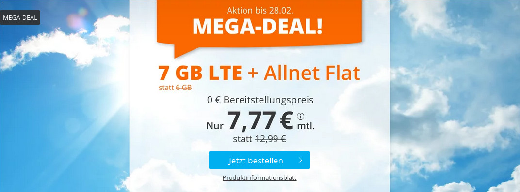 Spartipp LTE Tarife: Sim.de 7 GB LTE All-In-Flat fr 7,77 Euro ohne Laufzeit, 5,22 Euro sparen