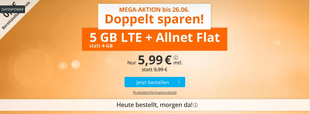 Tariftipp LTE Tarife: Sim.de 5 GB LTE All-In-Flat fr 5,99 Euro bei 50 Mbit ohne Laufzeit