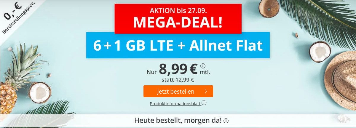 Spartipp 7 GB Tarife: Sim.de 7 GB LTE All-In-Flat fr 8,99 Euro ohne Laufzeit --4 Euro sparen