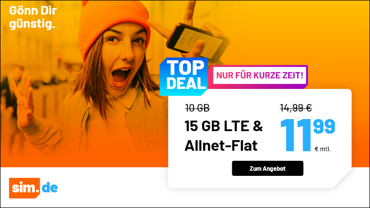 Tariftipp 15 GB Tarife: Sim.de 15 GB LTE All-In-Flat für 11,99 Euro ohne Laufzeit