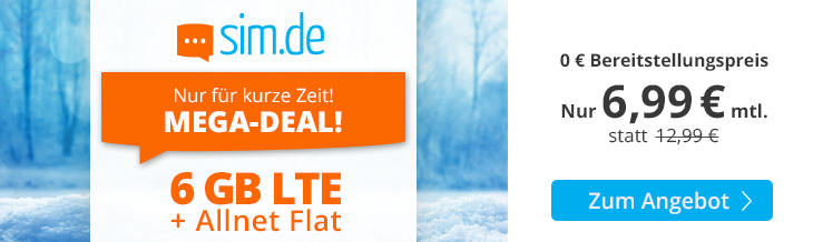 Tariftipp LTE Tarife: Sim.de 6 GB LTE All-In-Flat fr 6,99 Euro ohne Laufzeit, 6 Euro sparen