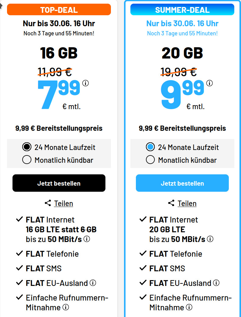 Tarifpower 16 GB Handy-Flatrate Tarife: Sim.de 16 GB LTE Allnet-Flat für 7,99 Euro mit mtl. Laufzeit