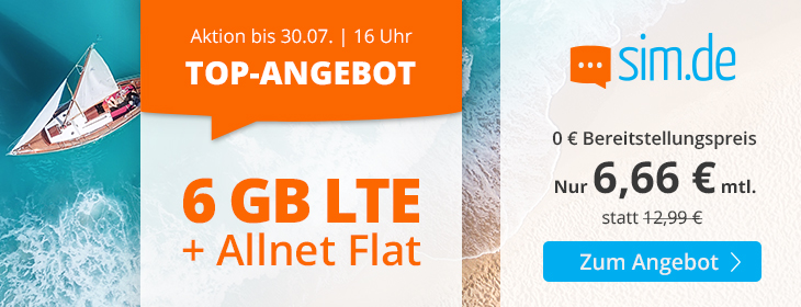 Sommerferien-Tariftipp 6 GB Tarife: Sim.de 6 GB LTE All-Net-Flat fr 6,66 Euro ohne Laufzeit