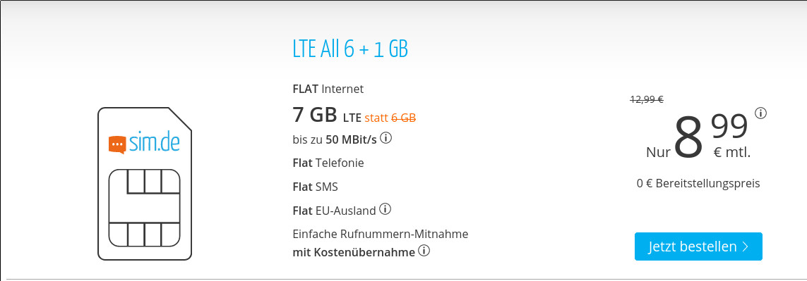 Sim.de 7 GB LTE All-In-Flat fr 8,99 Euro bei 50 Mbit ohne Laufzeit