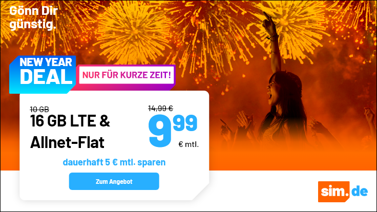 Silvester Tarifpower 16 GB Allnet-Flat: Sim.de 16 GB LTE Allnet-Flat für 9,99 Euro ohne Anschlusspreis