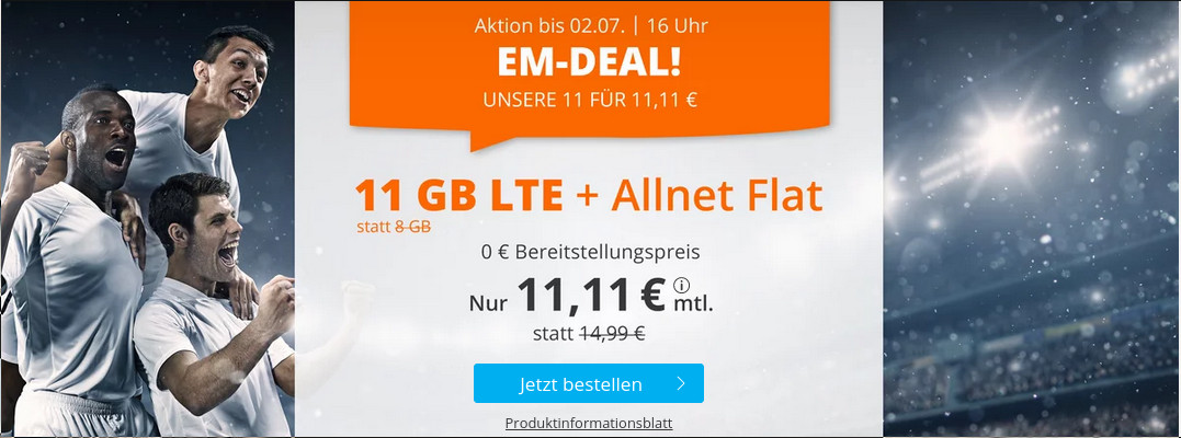 Fussball-EM Tariftipp: Sim.de 11 GB LTE All-In-Flat fr 11,11 Euro ohne Laufzeit