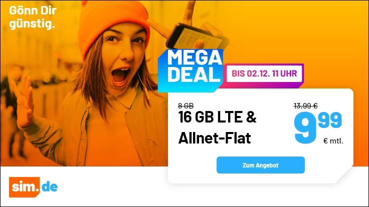 After Cyber Party: 16 GB Allnet-Flat Spartarife --Sim.de 16 GB LTE Allnet-Flat für 9,99 Euro ohne Anschlusspreis