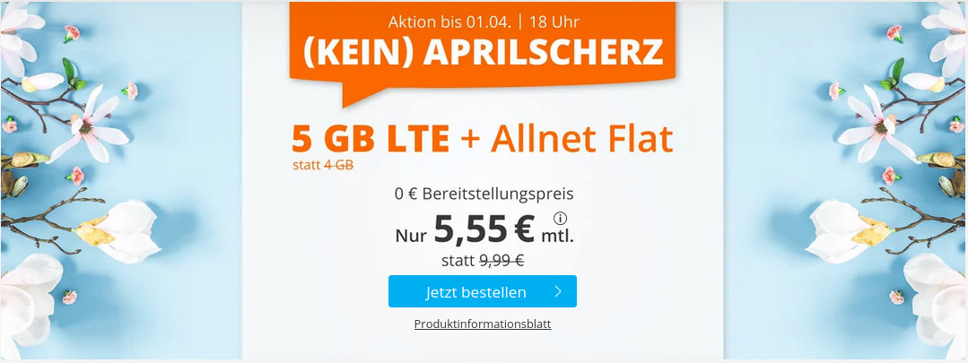 Oster-Deal 5 Tarife: Sim.de 5 GB LTE All-In-Flat fr 5,55 Euro ohne Laufzeit, 4 Euro sparen