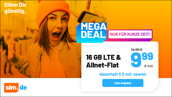Preistipp 16 GB Tarife: Sim.de 16 GB LTE Allnet-Flat für 9,99 Euro ohne Anschlusspreis