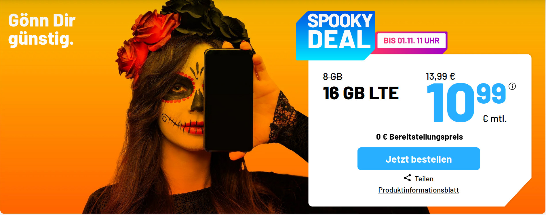 Halloween Special: Sim.de 16 GB LTE Allnet-Flat für 10,99 Euro mit mtl. Laufzeit