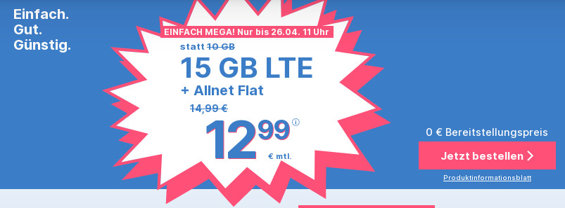 Spartipp 15 GB Tarife: Simplytel 15 GB LTE All-In-Flat für 12,99 Euro ohne Anschlusspreis