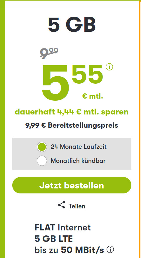 Tariftipp 5 GB Tarife: Handyvertrag 5 GB LTE All-In-Flat für 5,55 Euro mit mtl. Laufzeit